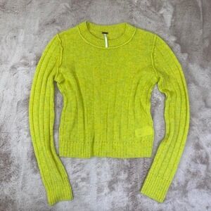 Free People 100% Cashmere Cropped Sweater Neon Green Ribbed Soft Luxe Top